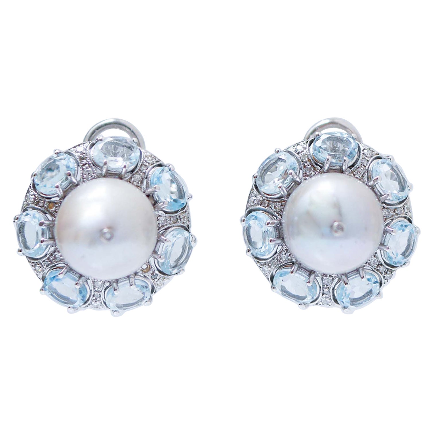 Pendientes de Topacio Color Aguamarina, Perla Gris, Diamantes, Oro Blanco 14 Kilates.