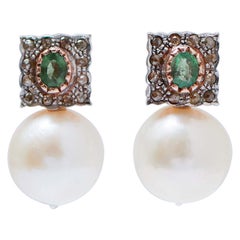 Pearls, Emeralds, Diamonds, Rose Gold and Silver Earrings.