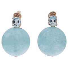 Aquamarine, Aquamarine Colour Topaz, Diamonds, 14 Kt Rose Gold Earrings.