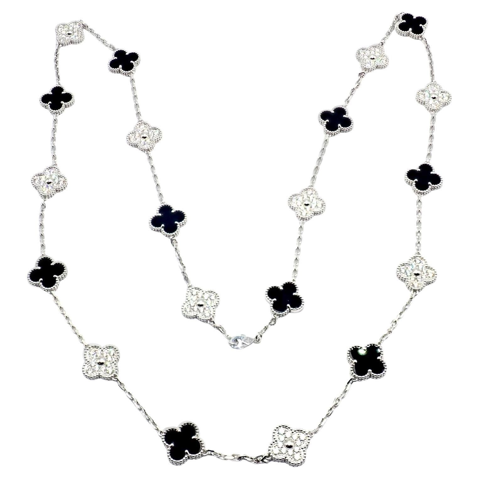 Van Cleef & Arpels 20 Motif Vintage Alhambra Diamond & Onyx White Gold Necklace