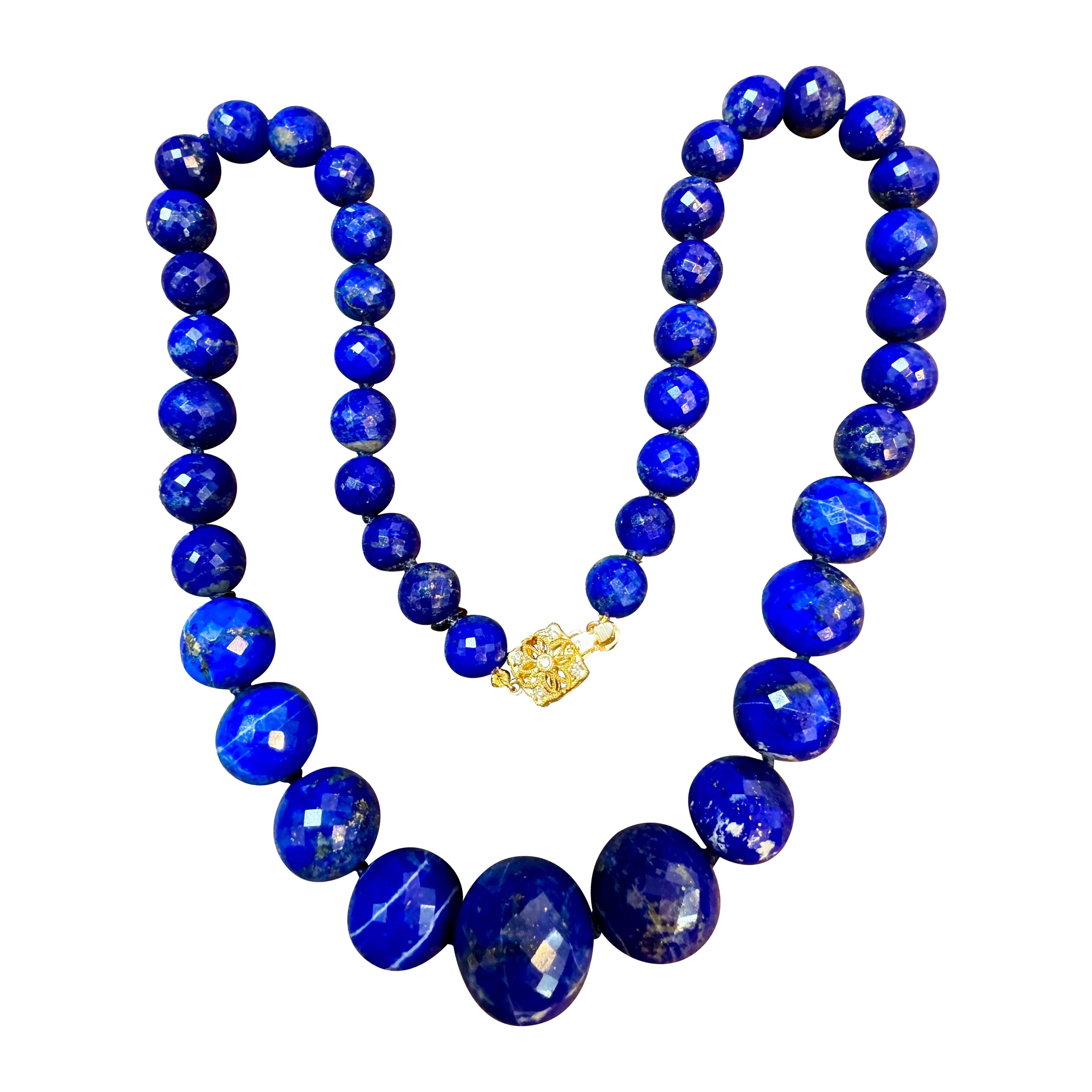 Vintage Lapis Lazuli Single Strand Necklace with Diamond & 18 Karat Yellow Gold