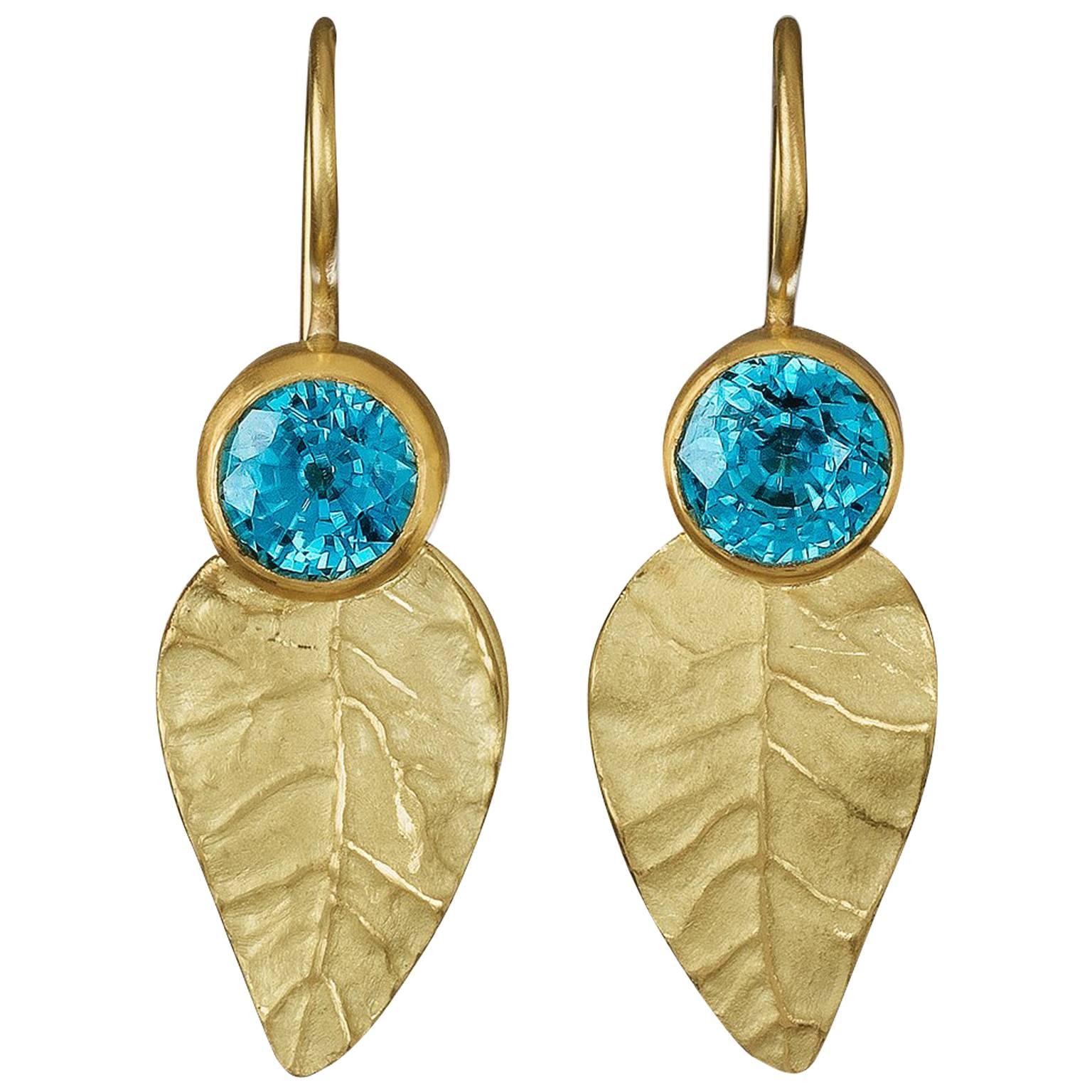 Blue Zircon Gold Leaves Earrings For Sale