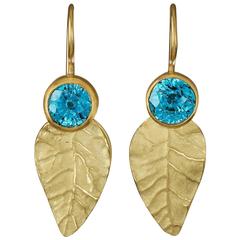 Blue Zircon Gold Leaves Earrings 1