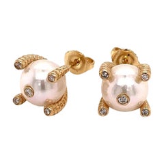 Diamond Large Akoya Pearl Earrings 14k Yellow Gold Certified