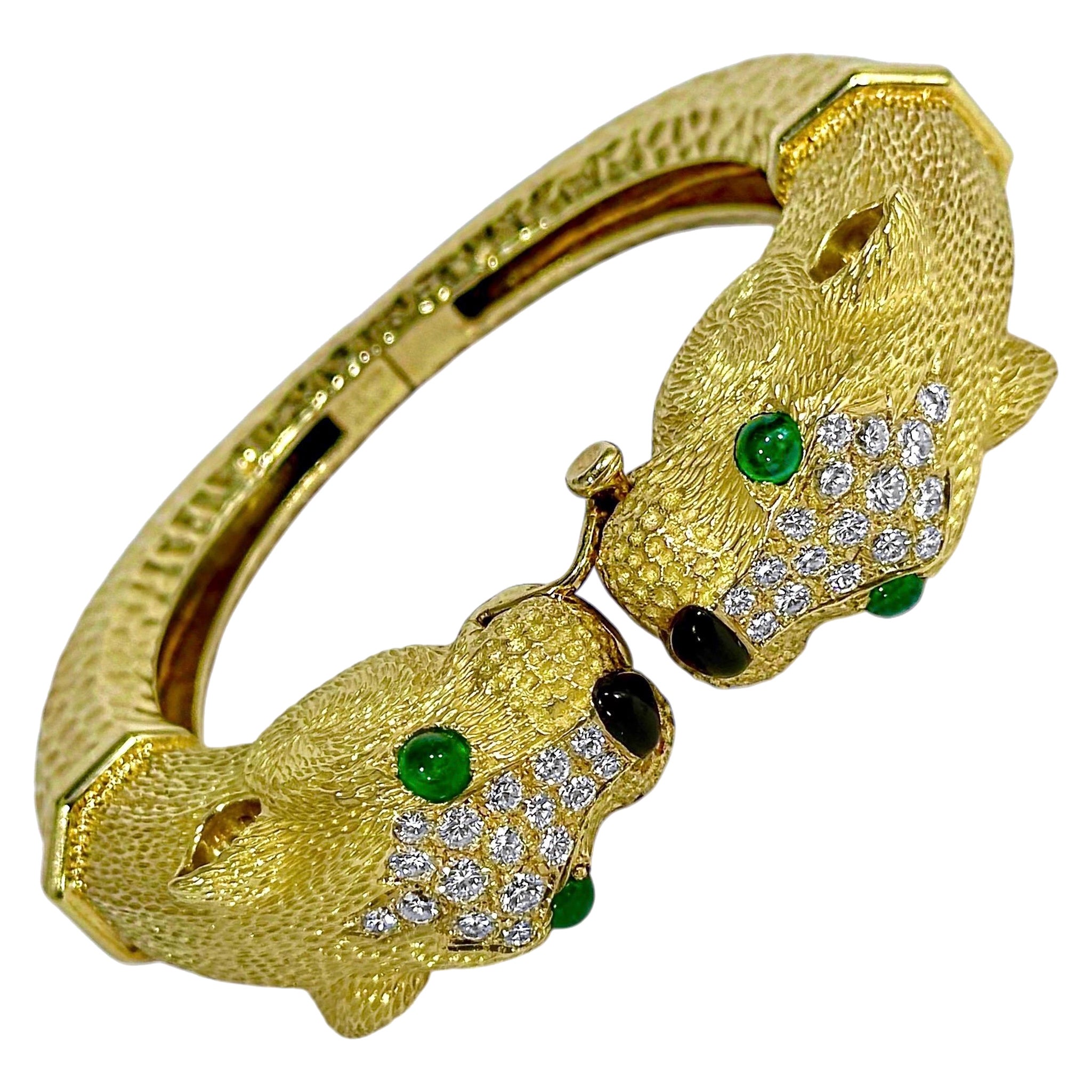 French Yellow Gold & Diamond Big Cat Double Head Cuff Bracelet With Emerald Eyes For Sale