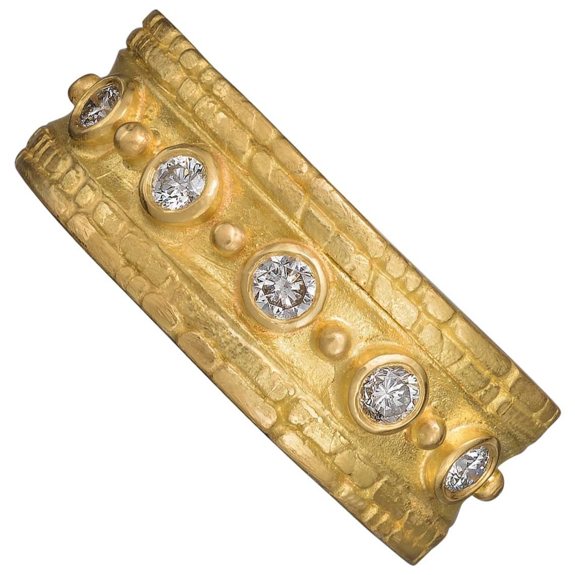 Gold Band with Diamonds and Granulation For Sale
