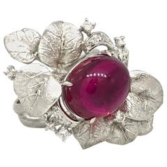 Cabochon Pink Tourmaline and Diamond Floral Ring in Platinum