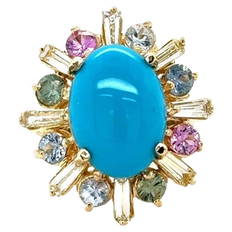 6.90 Carat Natural Turquoise, Diamond and Sapphire Yellow Gold Cocktail Ring