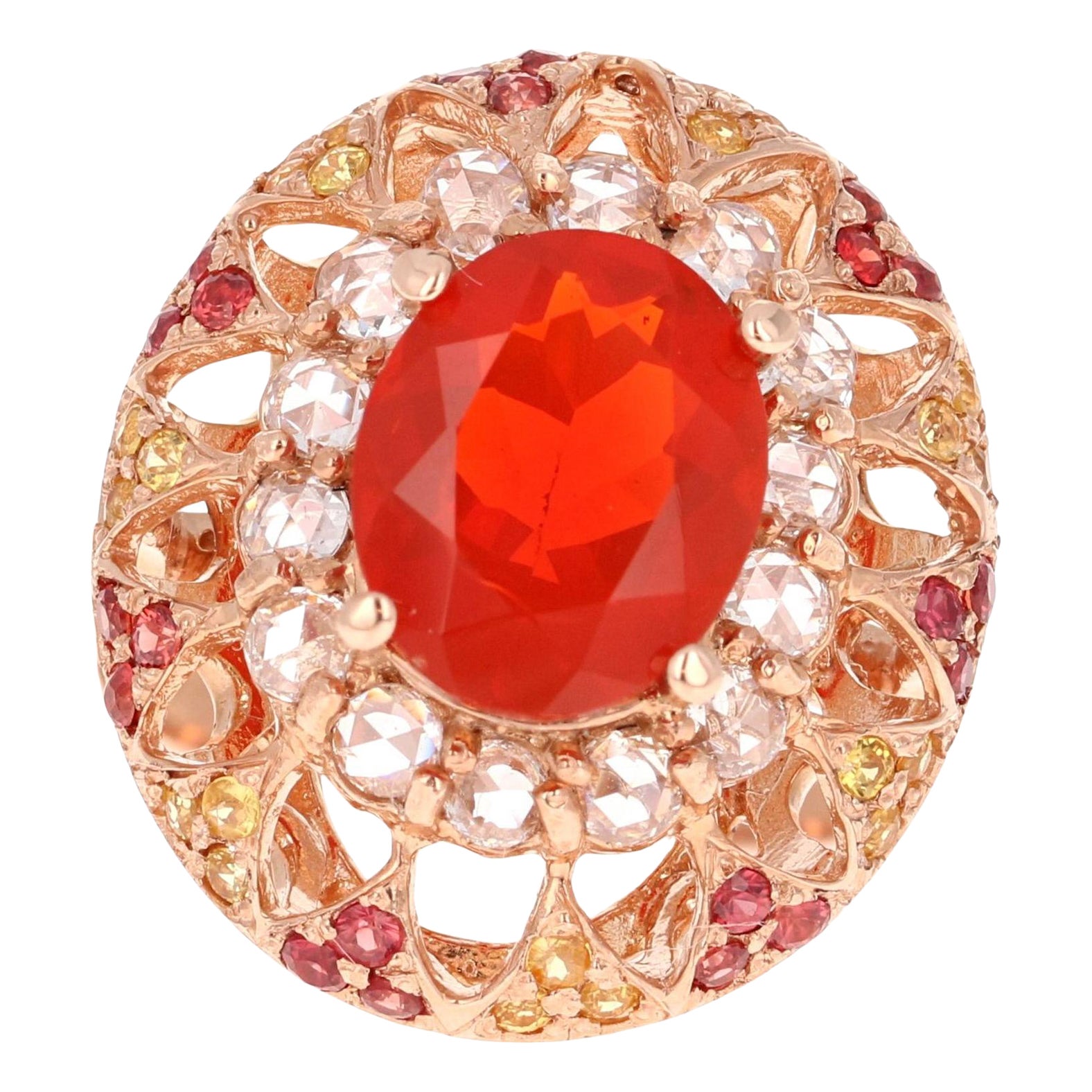 2.93 Carat Fire Opal Rose Cut Diamond Rose Gold Cocktail Ring