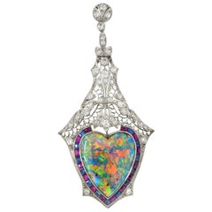 Edwardian 9.64 CTW Diamond Sapphire Ruby Heart Shaped Black Opal Antique Pendant