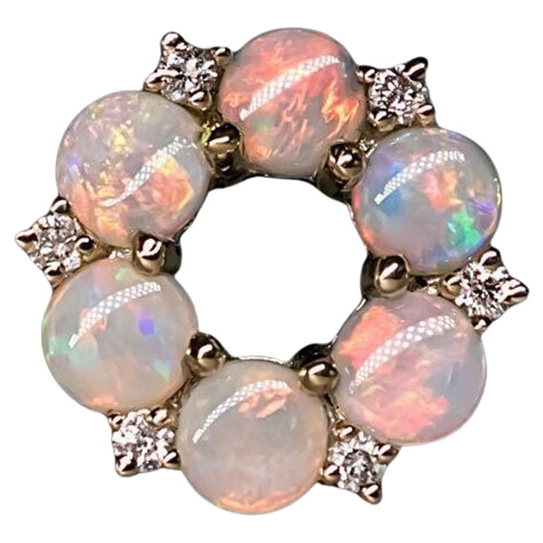 Hexagon Flower Australian Solid Opal Diamond Pendant Necklace 14K Yellow Gold