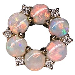 Collier pendentif fleur hexagonale en opale massive australienne et diamants en or jaune 14 carats
