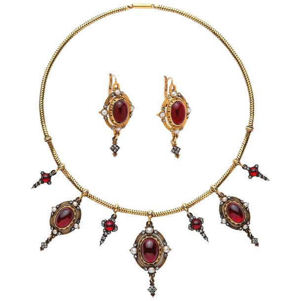 Antique Victorian Holbeinesque Garnet Pearl Diamond Necklace Earrings ...