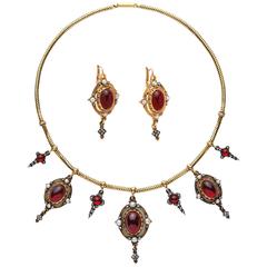 Antique Victorian Holbeinesque Garnet Pearl Diamond Necklace Earrings Set