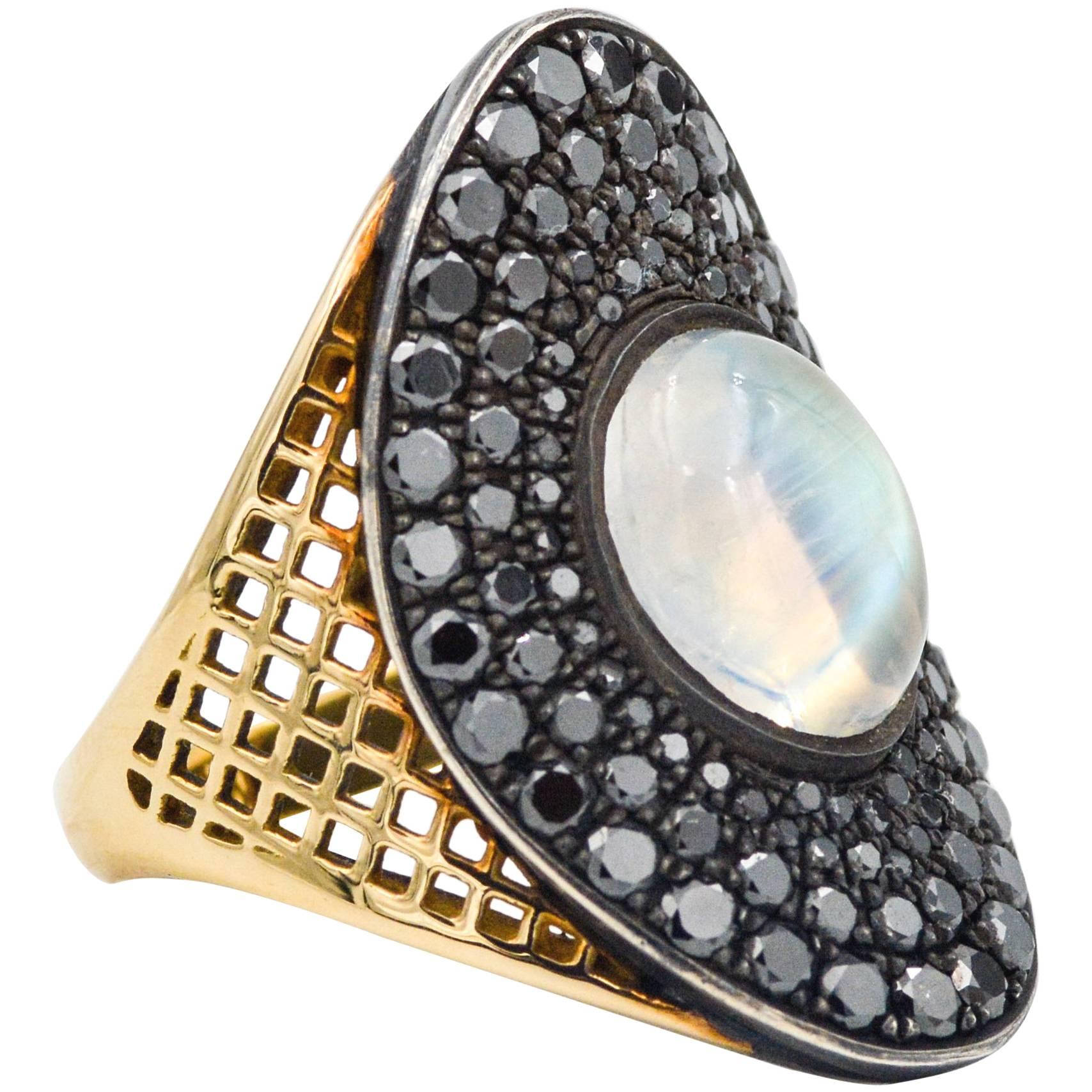 Ray Griffith 2.85 ctw Black Diamond and Moon Stone 18 Karat Yellow Gold Ring