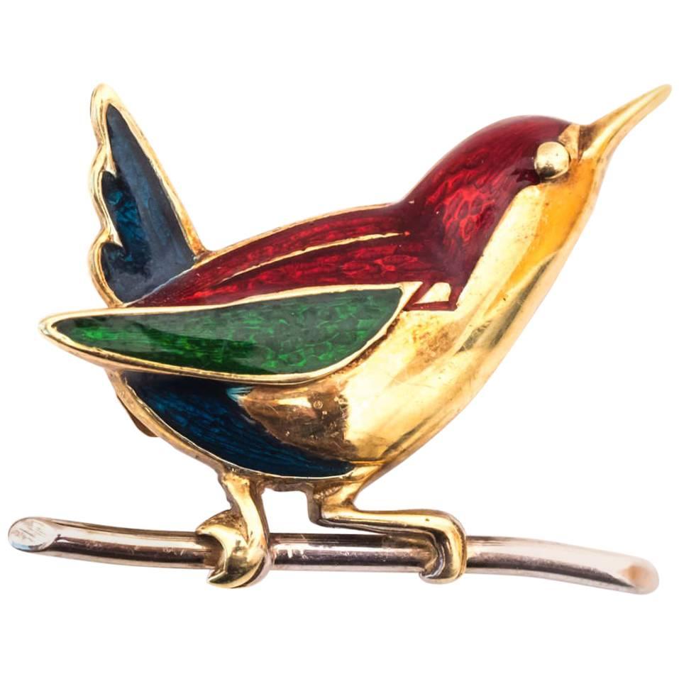 1950s Bird Motif Brooch Pin with Colorful Enamel and 14 Karat Gold