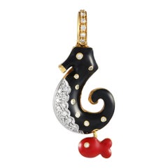 Aaron Basha 18K Yellow Gold Diamond Black Red Enamel Seahorse Charm AB03-111524