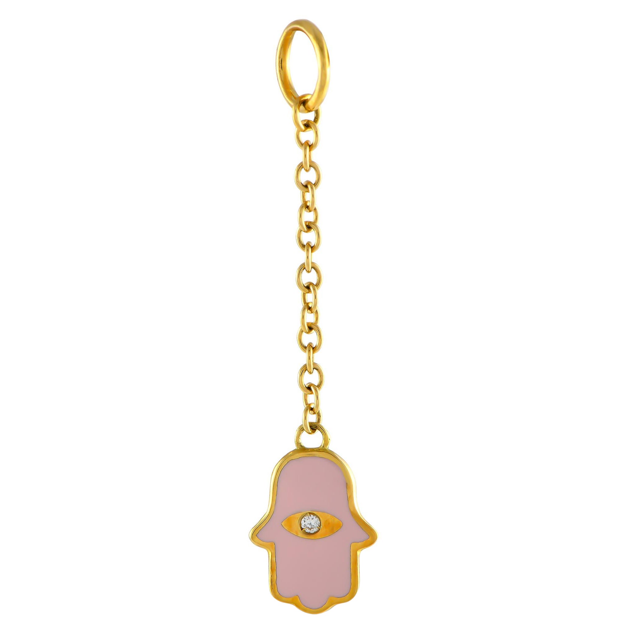Aaron Basha 18K Yellow Gold Diamond & Pink Enamel Hamsa Charm PendantAB11-111824