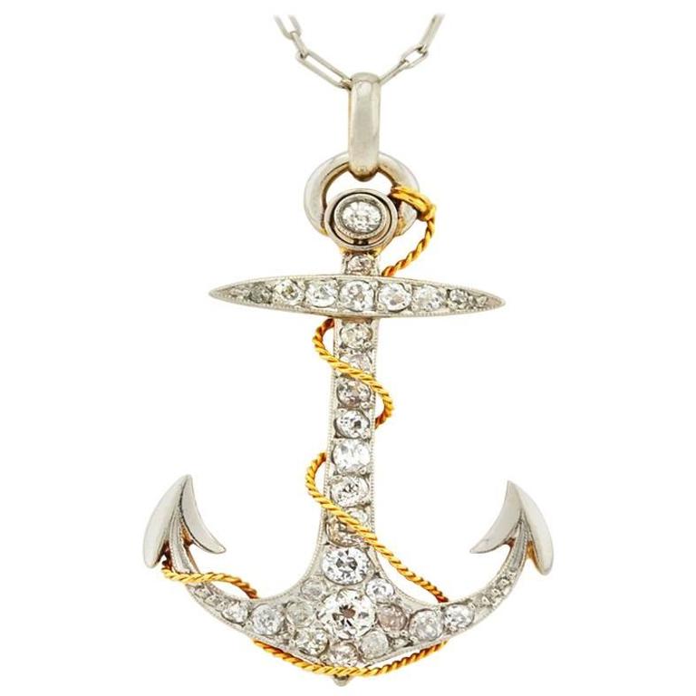 Edwardian Diamond Gold Platinum Anchor Pendant For Sale at 1stDibs