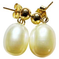 14K Yellow Gold & White Freshwater Pearl Post Drop Earrings