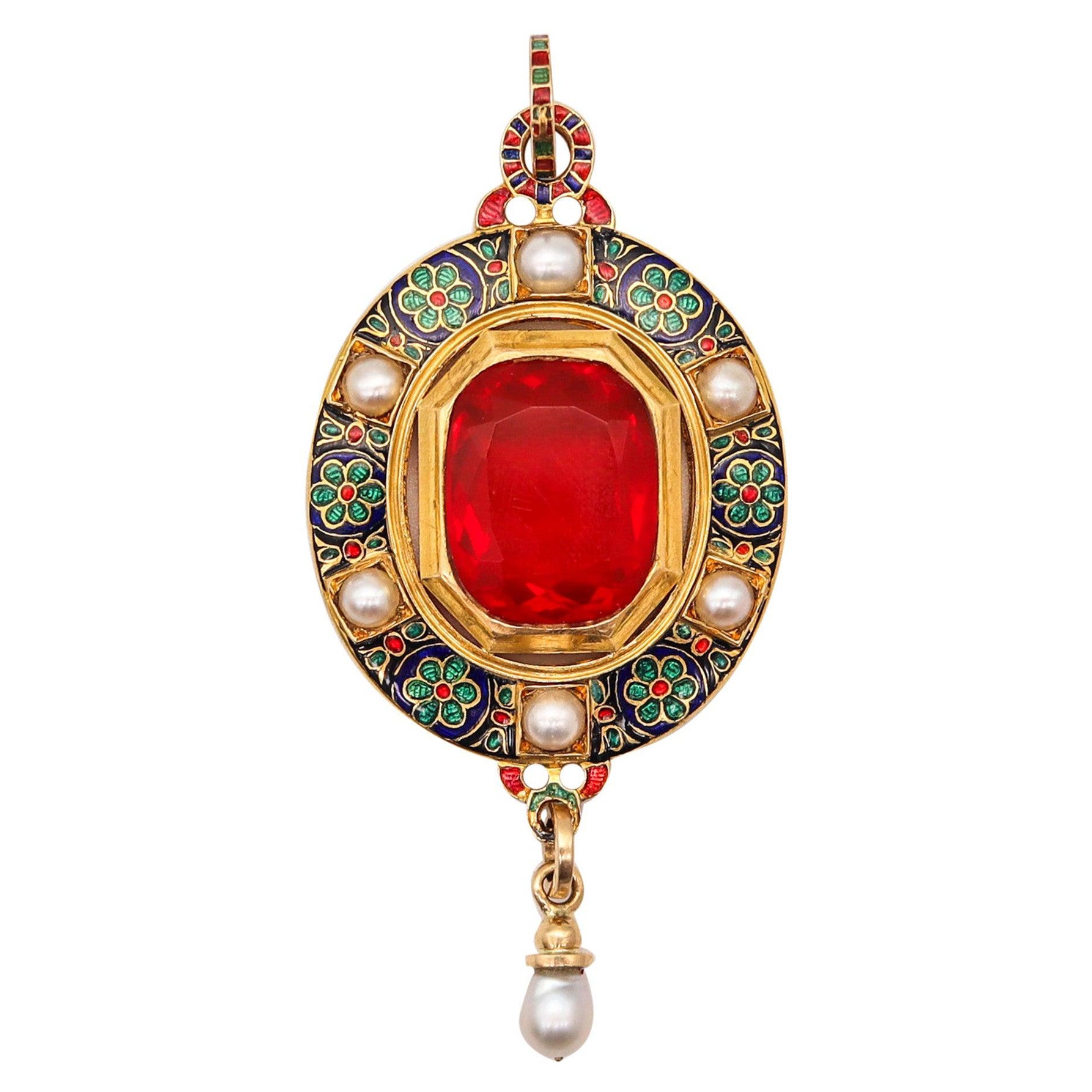 HOLBEINESQUE 1860 Russell Renaissance Revival Pendant 19Kt Gold Pearls Fire Opal