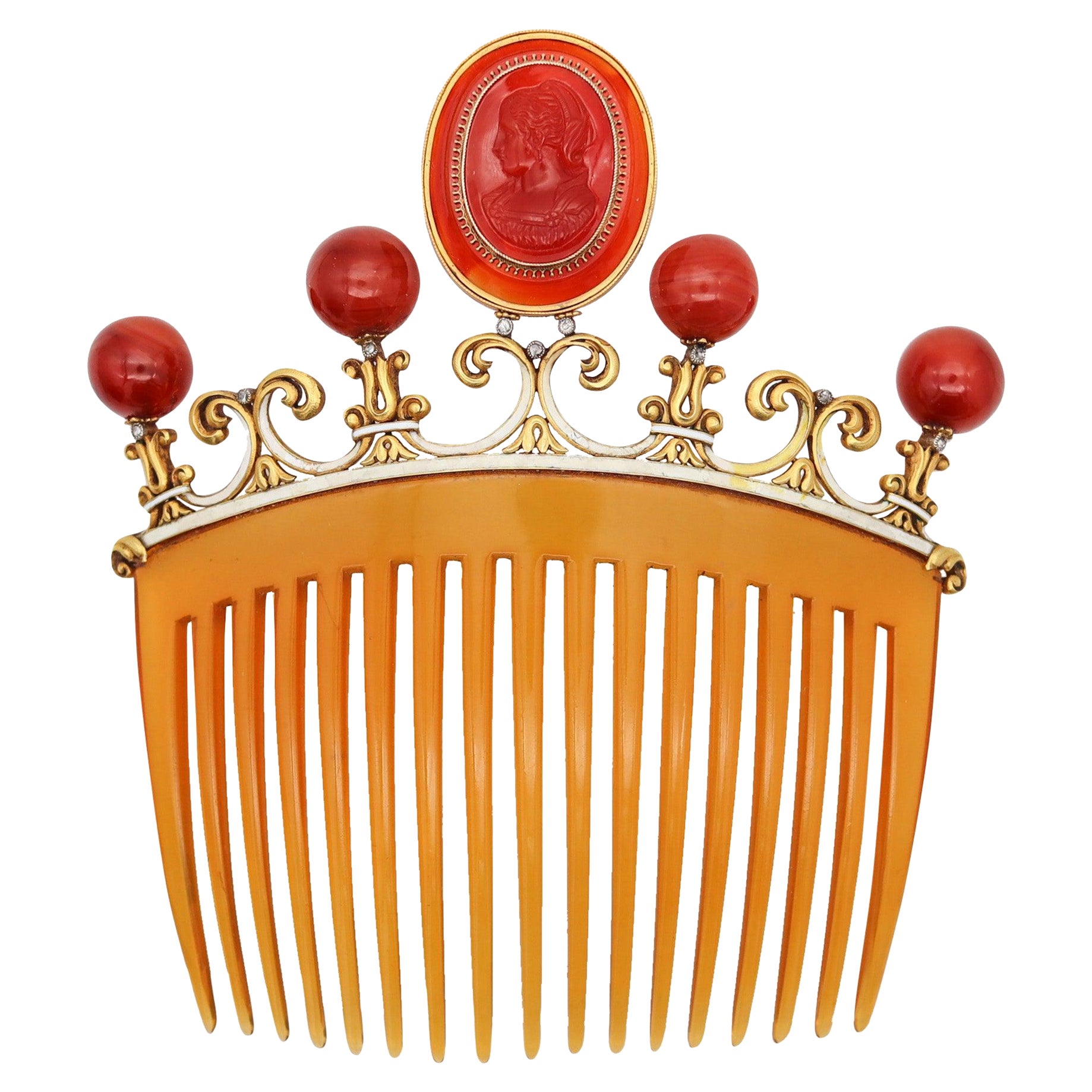 NEOCLASSICAL 1880 Enameled Hair Comb In 18Kt Gold Diamonds & Carved Agates