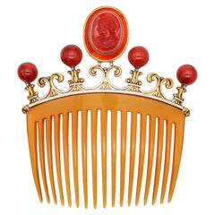 NEOCLASSICAL 1880 Enameled Hair Comb In 18Kt Gold Diamonds & Carved Agates