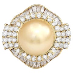 Gold South Sea Pearl Diamond Ring In 14 Karat Solid Yellow Gold