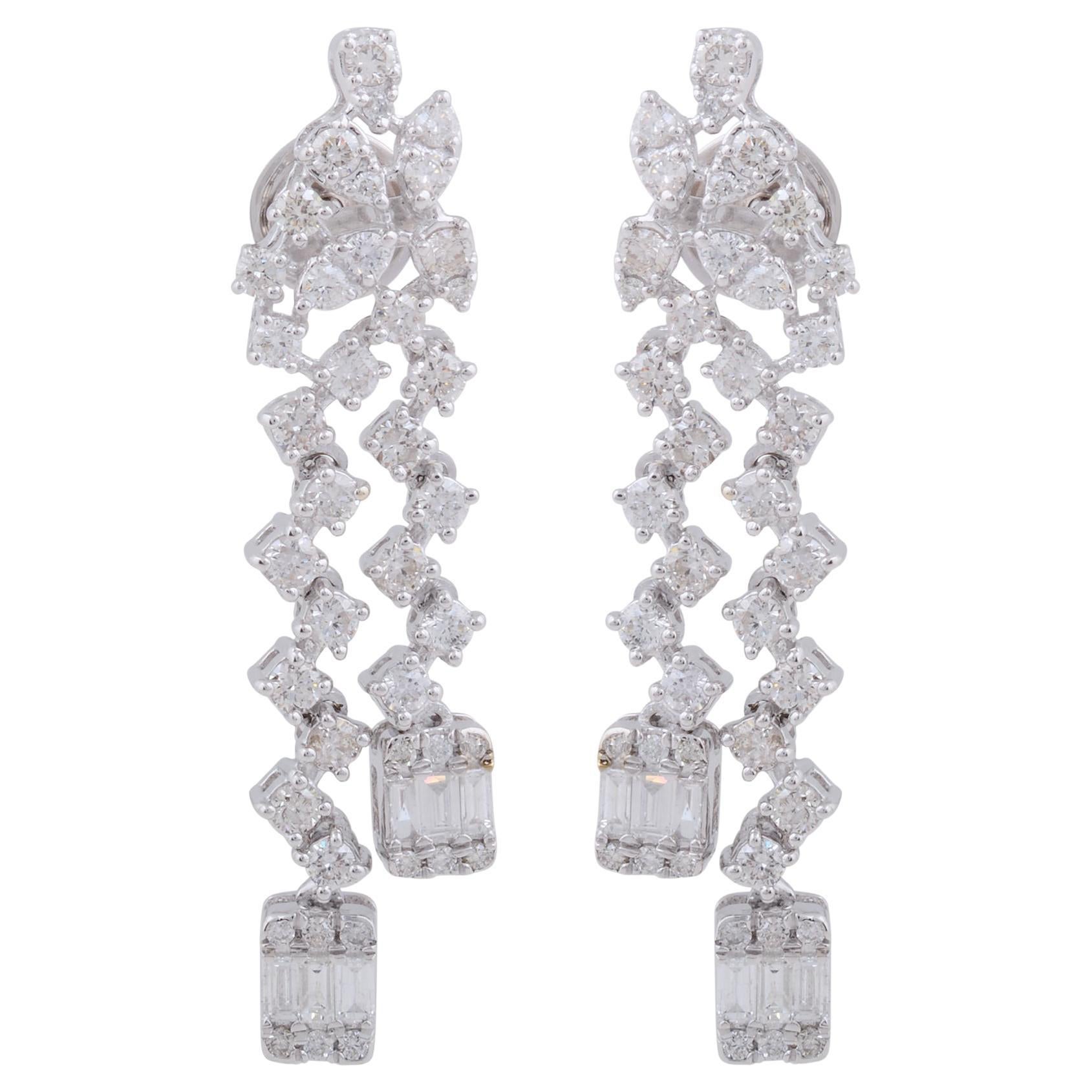 3.00 Carat Baguette Round Diamond Dangle Earrings 14 Karat White Gold Jewelry