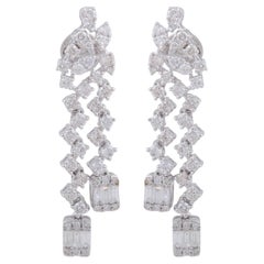 3.00 Carat Baguette Round Diamond Dangle Earrings 14 Karat White Gold Jewelry