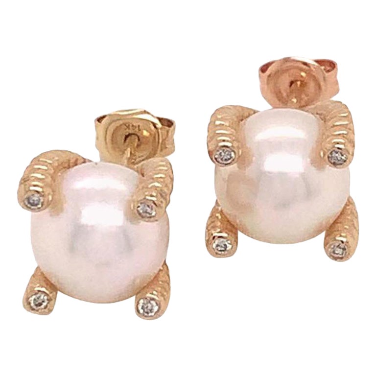 Diamond Akoya Pearl Earrings 14 Karat Yellow Gold Certified
