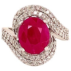 Anillo de Diamantes Rubí Natural Oro 14k 6.32 TCW Certificado GIA