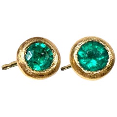 Leto Lama Natural Emerald Round Bezel Studs, Brushed 18 ct Yellow gold handmade