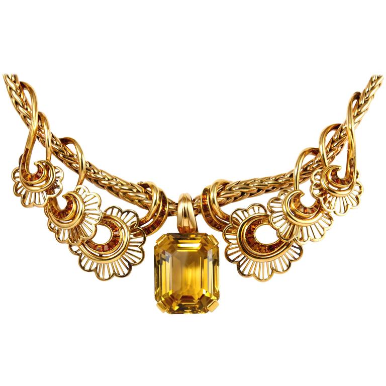18K Gold Citrine Retro French Necklace at 1stdibs