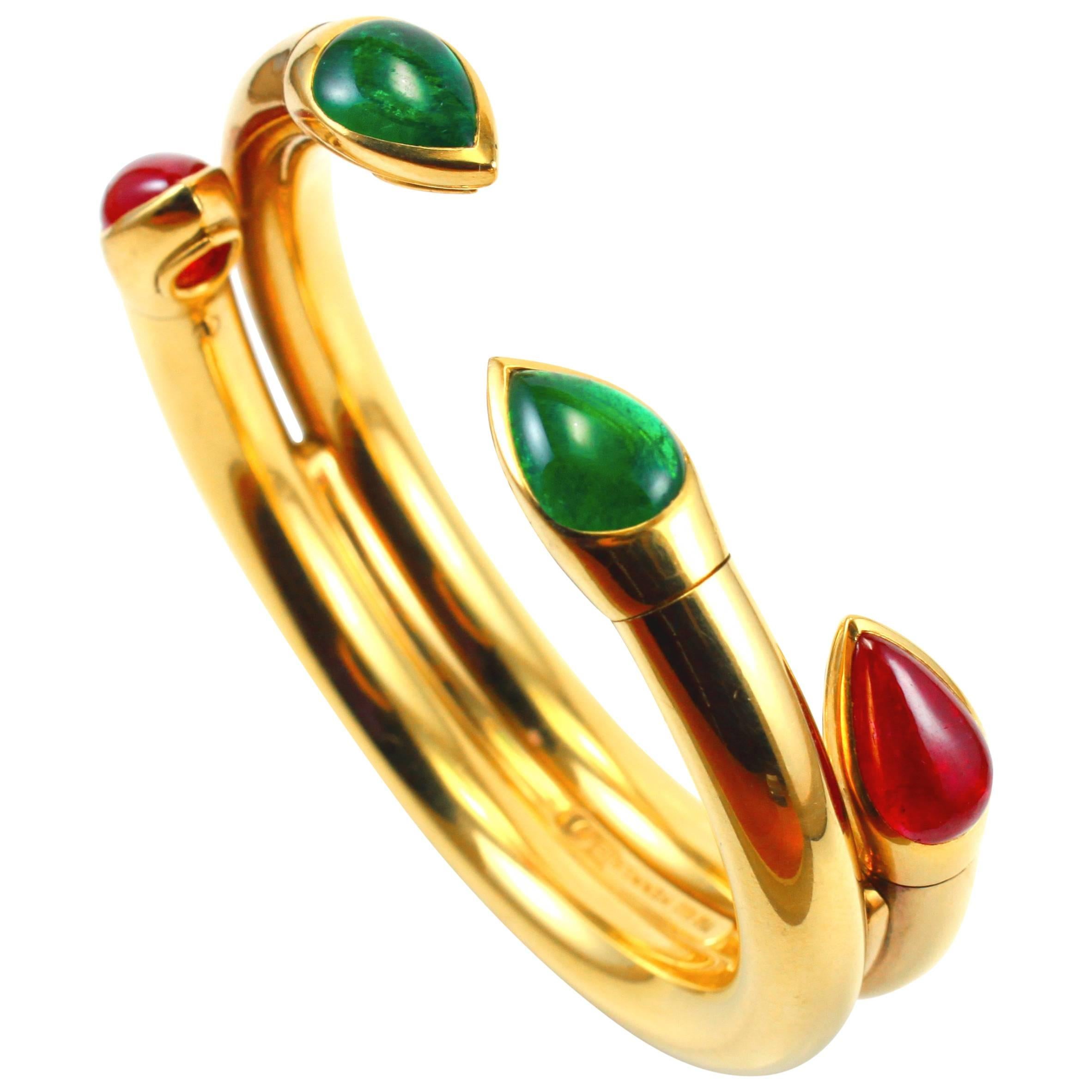 18K Gold Hemmerle Natural Ruby and Emerald Cuff Bangle