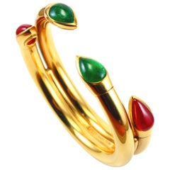 18K Gold Hemmerle Natural Ruby and Emerald Cuff Bangle