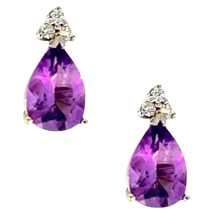 Pendientes Diamante Amatista Natural Oro 14k W 3.62 TCW Certificado