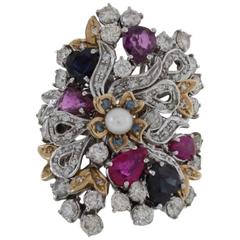 ct 2,40 Diamonds and ct 3,62 Emeralds Rubies Pearl Gold Cocktail Ring