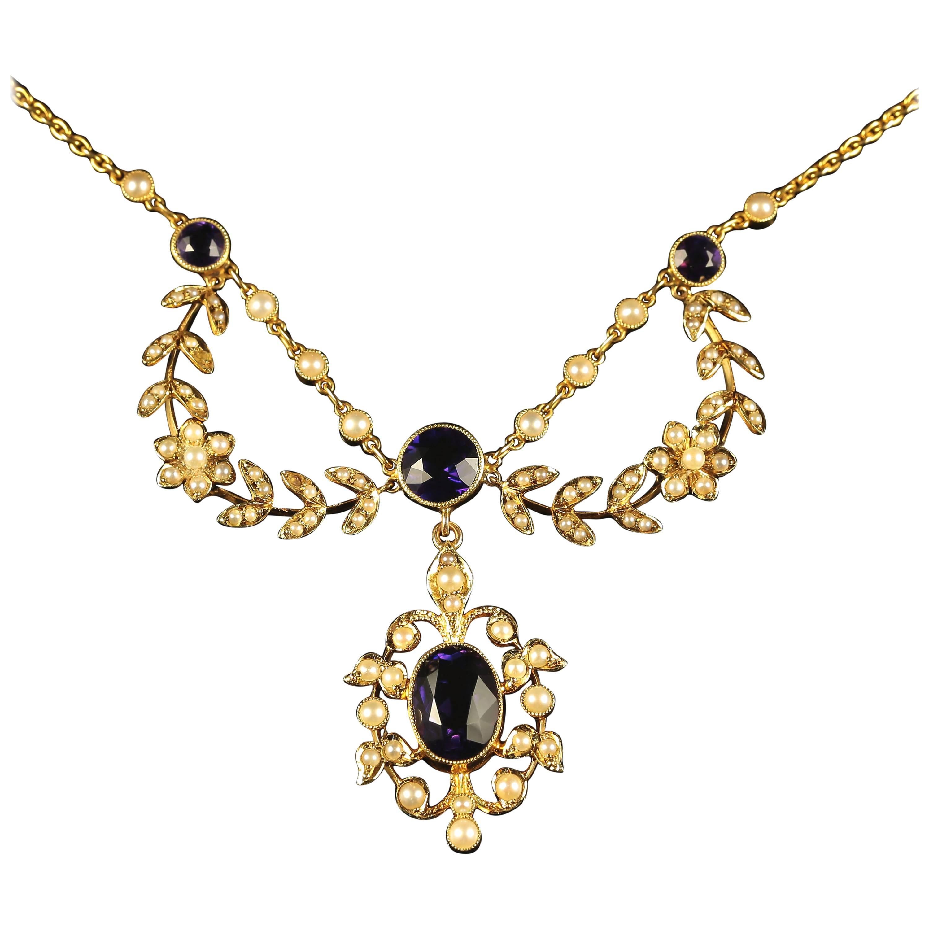 Antique Victorian Amethyst Pearl Necklace 15 Carat Gold Garland Necklace For Sale
