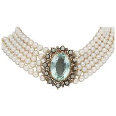 Antique Victorian 1860s Aquamarine, Diamond and Pearl Necklace