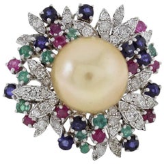 Diamonds Emeralds Rubies Blue Sapphires Yellow Pearl Yellow Gold Cluster Ring