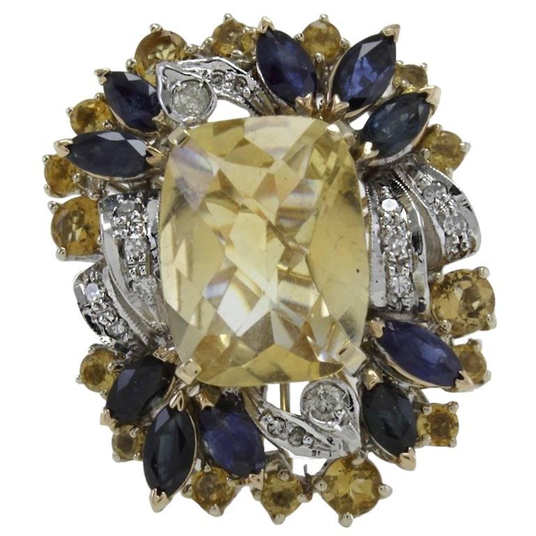 ct 13, 38 Diamonds Blue Sapphires Yellow Topaz Cluster Gold Ring For Sale
