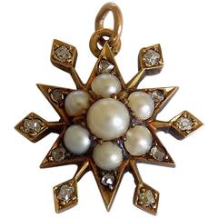 Edwardian Gold Diamond Natural Pearl Star Pendant