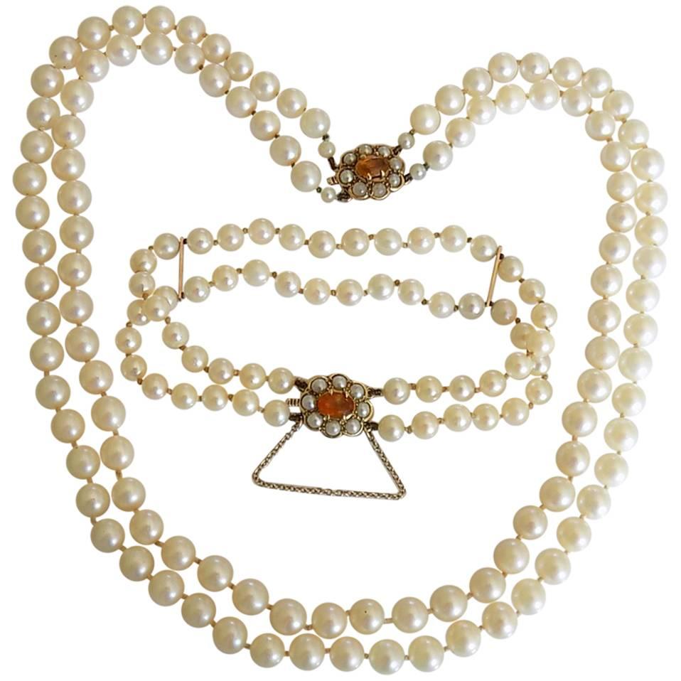 Two Row Cultured Pearl Necklace Bracelet Set on Citrine Clasp