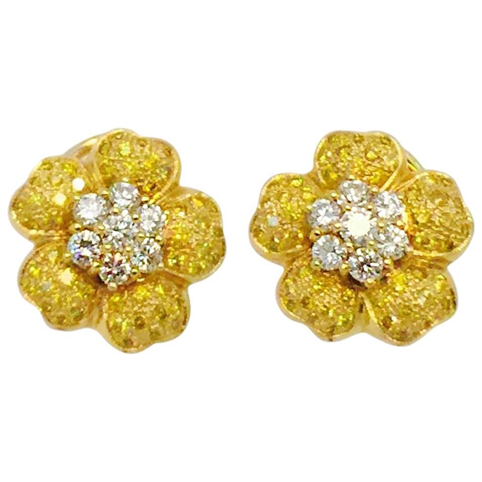 Breathtaking 18 Karat Natural Yellow and White Diamond Earrings For Sale