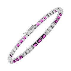 Square Ruby and Diamond Art Deco Style Tennis Bracelet in 18K White Gold