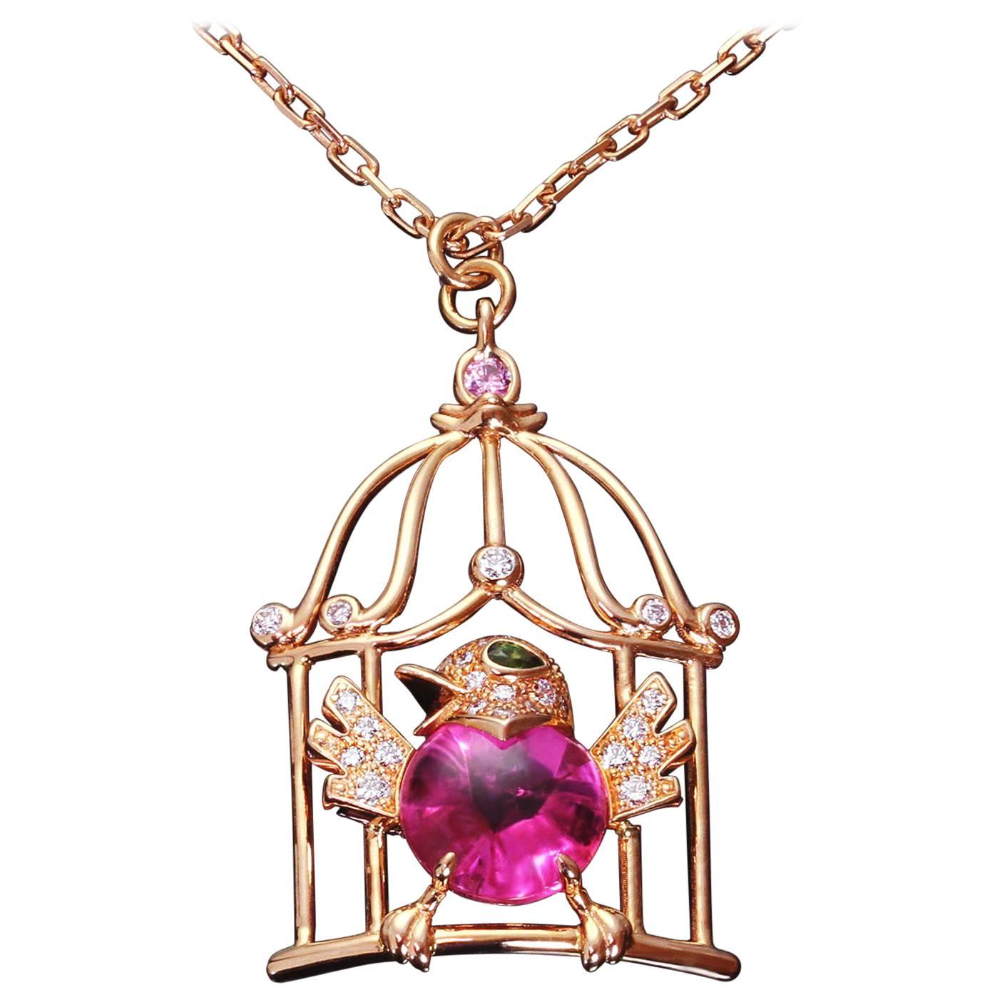 Cartier Free as a Bird Diamond Rubellite Peridot Rose Gold Necklace