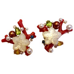 Michael Kneebone Red Coral Peridot Sapphire Diamond Pearl Sealife Earrings