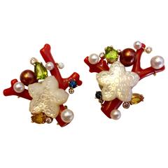 Michael Kneebone Red Coral Peridot Sapphire Diamond Pearl "Sealife" Earrings 6