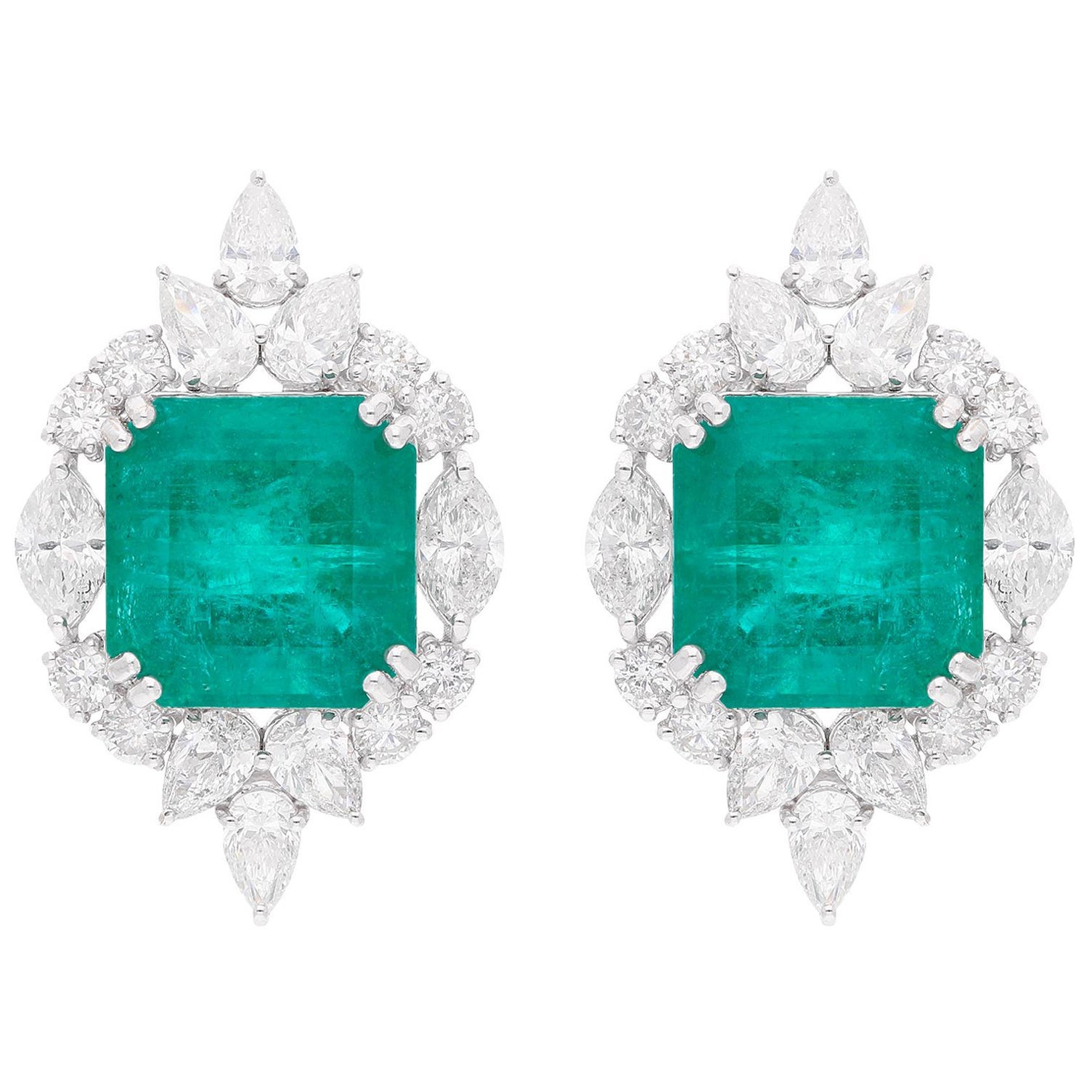 22.26 Carat Emerald Earrings 6.17 Carat Pear Round Diamond 14 Karat White Gold